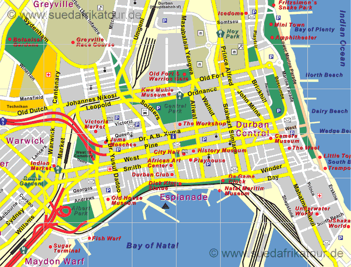 Stadtplan von Durban in KwaZulu-Natal / Südafrika
