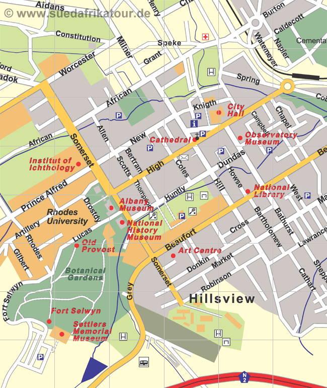 Stadtplan der Innenstadt von Grahamstown im Eastern Cape / Südafrika