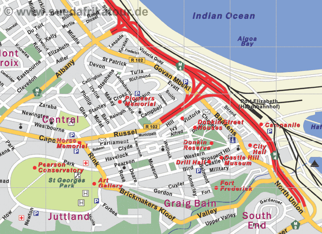 Stadtplan der Innenstadt von Port Elizabeth im Eastern Cape / Südafrika